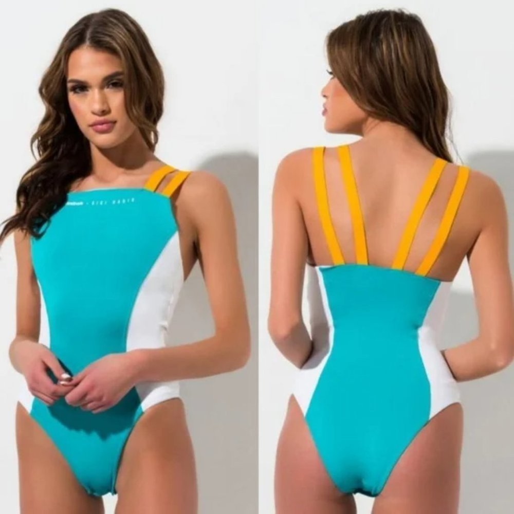 Stylish Teal and White One Piece Swimsuit